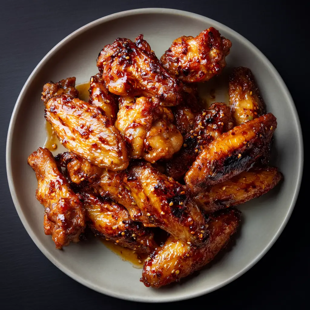 A close-up view of the finished Air Fryer Chinese Chicken Wings arranged on a serving plate, highlighting their crispy texture and glossy glaze.