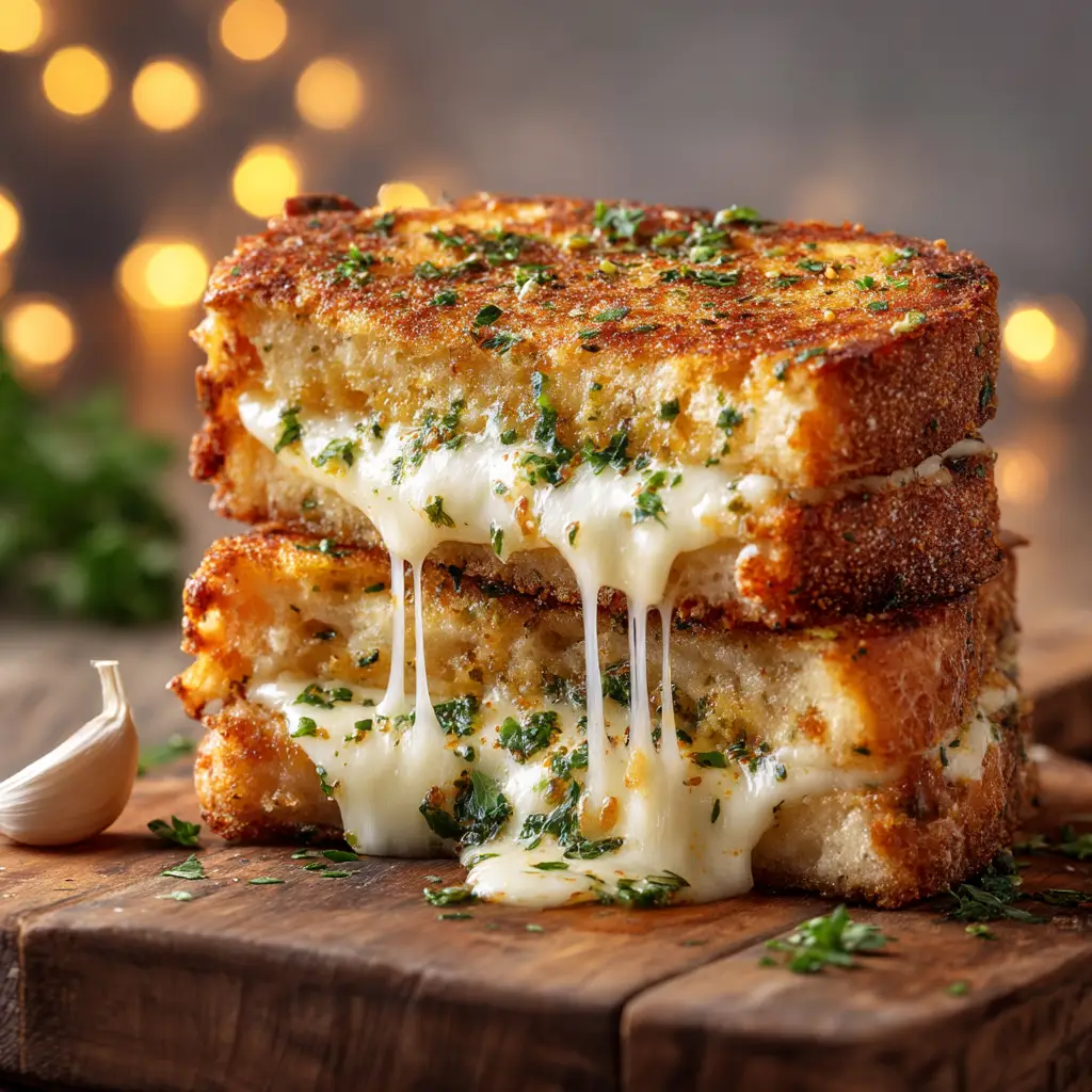 An extreme close-up shot of a gourmet garlic bread grilled cheese, highlighting the crispy texture of the bread and melted cheese.