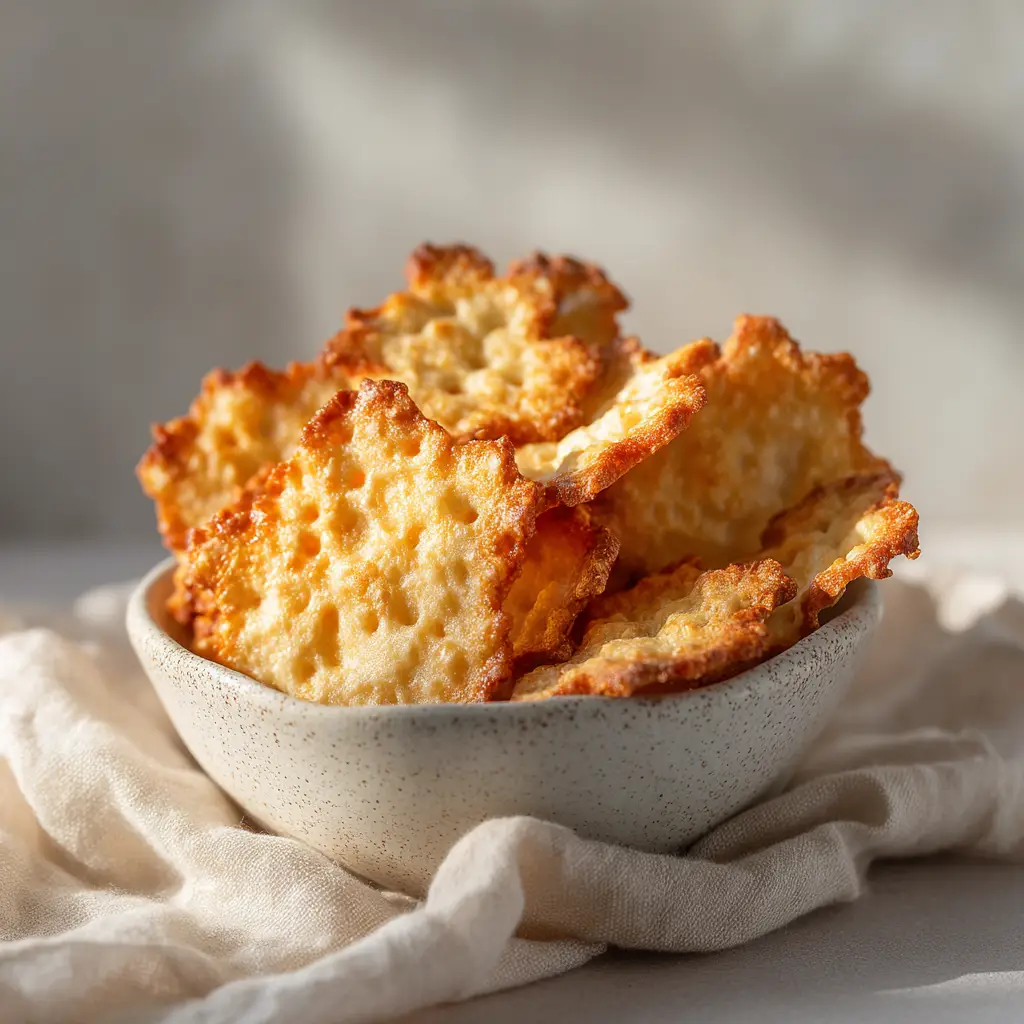 A close-up shot of crispy, golden-brown homemade crackers made from cottage cheese, showing their detailed texture and savory appearance.