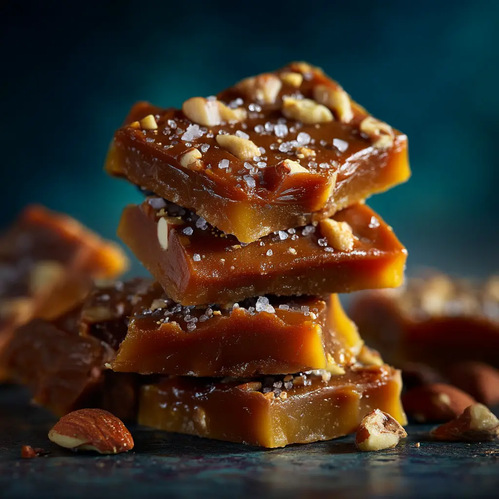 A macro shot showing the crisp, layered texture of the finished Georgia Toffee, with its dark caramel base and rich chocolate topping.