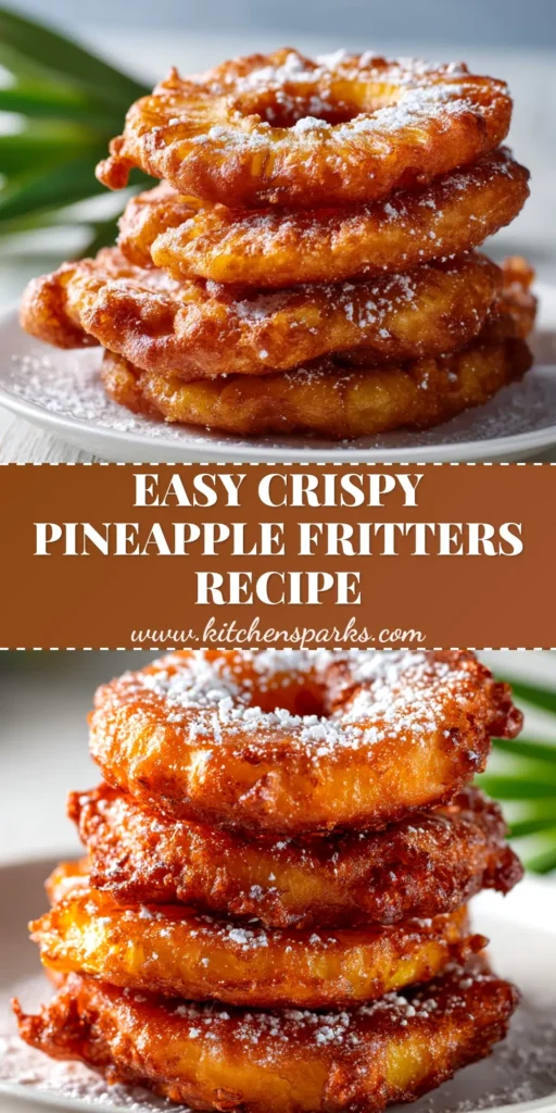 A tall stack of golden brown crispy pineapple fritters dusted with powdered sugar, with a bite taken out of the top one to show the juicy pineapple inside.