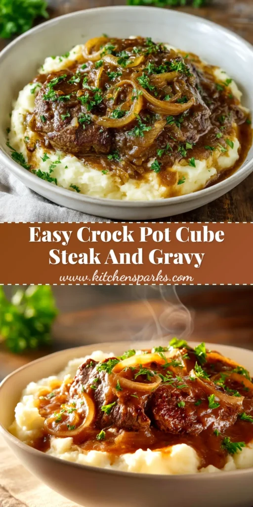 A close-up shot of tender Crock Pot Cube Steak smothered in a rich, savory onion and mushroom gravy, served over mashed potatoes.