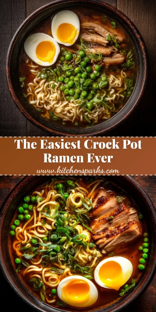 A beautiful bowl of Crock Pot Ramen with tender pork, a jammy egg, and green onions. The perfect slow cooker ramen recipe.