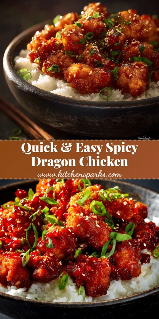 A close-up shot of a bowl of spicy and sweet Dragon Chicken Recipe, garnished with sesame seeds and green onions, with a side of white rice.