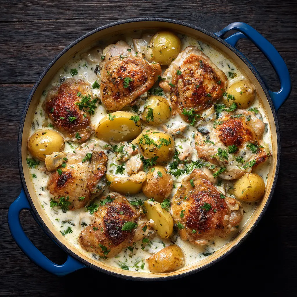 The final plated Dutch Oven Creamy Ranch Chicken served over mashed potatoes in a rustic bowl, ready to eat. A perfect one-pot chicken dinner.