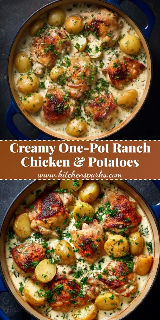 An overhead shot of Dutch Oven Creamy Ranch Chicken in a white bowl, garnished with fresh parsley. The perfect one-pot creamy chicken dinner recipe.