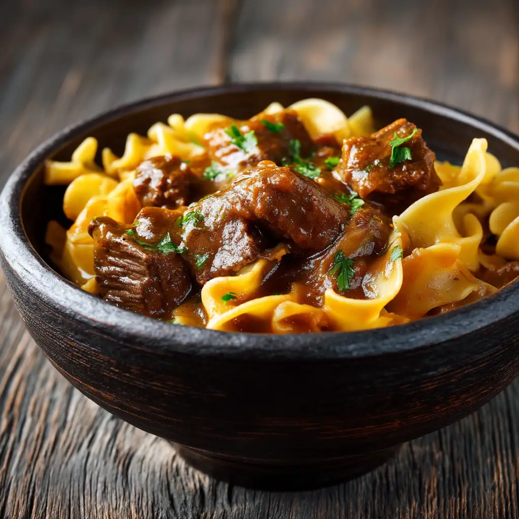 A spoonful of slow cooker beef and noodles being lifted from a bowl, showcasing the egg noodles coated in the savory beef gravy.