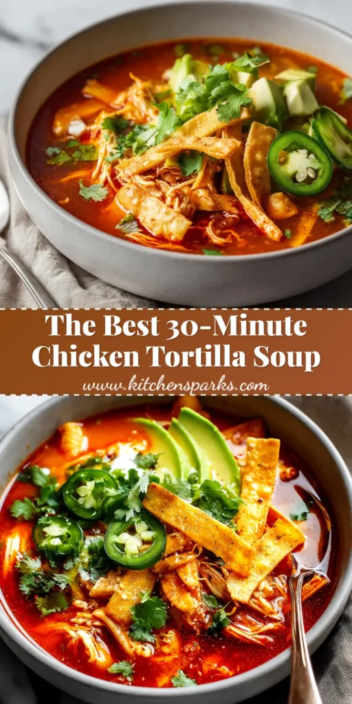 A vibrant bowl of easy chicken tortilla soup, garnished with crispy tortilla strips, fresh avocado, cilantro, and a lime wedge. A spoon is ready to dig in.