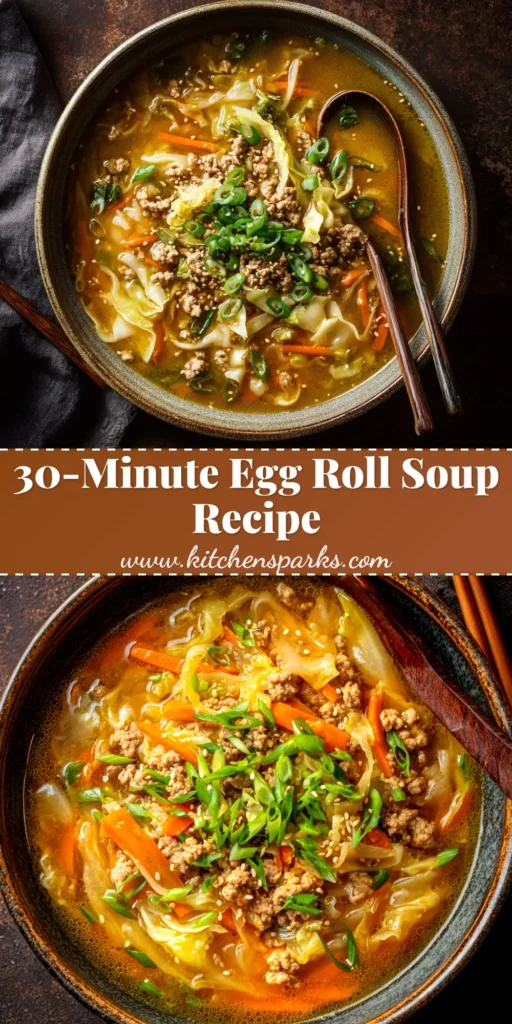 A vibrant bowl of Egg Roll Soup with a rich broth, ground pork, and shredded cabbage, garnished with fresh green onions and crispy wonton strips.