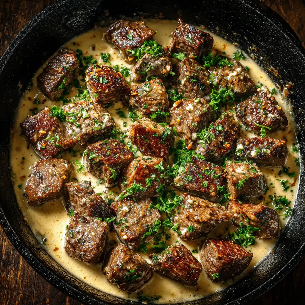 Another angle of the garlic butter steak bites, highlighting the fresh parsley garnish and the juicy interior of the steak.