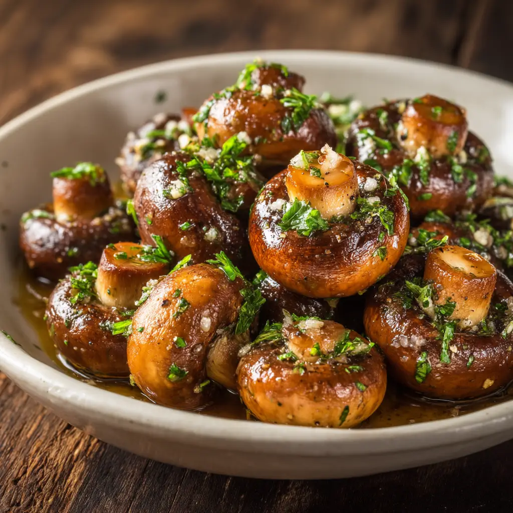 A spoonful of garlic butter mushrooms being lifted from a skillet, showcasing their tender texture.