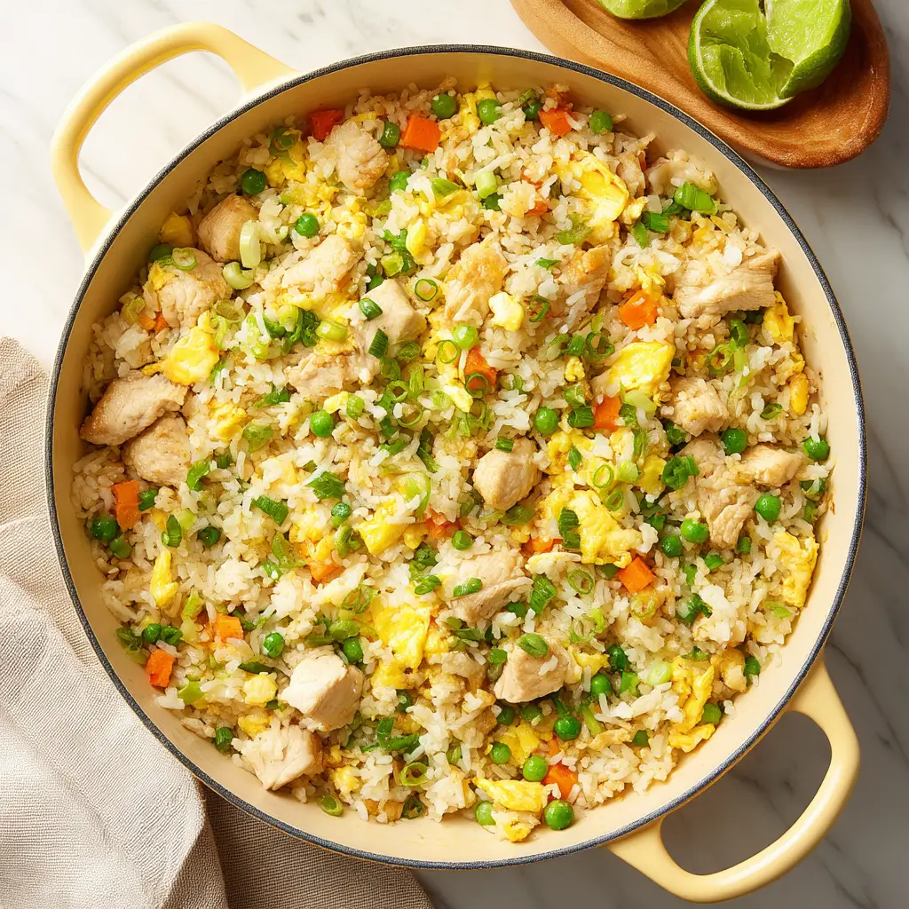 Step-by-step preparation of easy gluten-free chicken fried rice, with ingredients being mixed in a large skillet.