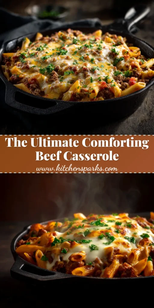 An overhead shot of a cheesy ground beef casserole in a white baking dish, with a slice taken out to show the layers of pasta and meat sauce.