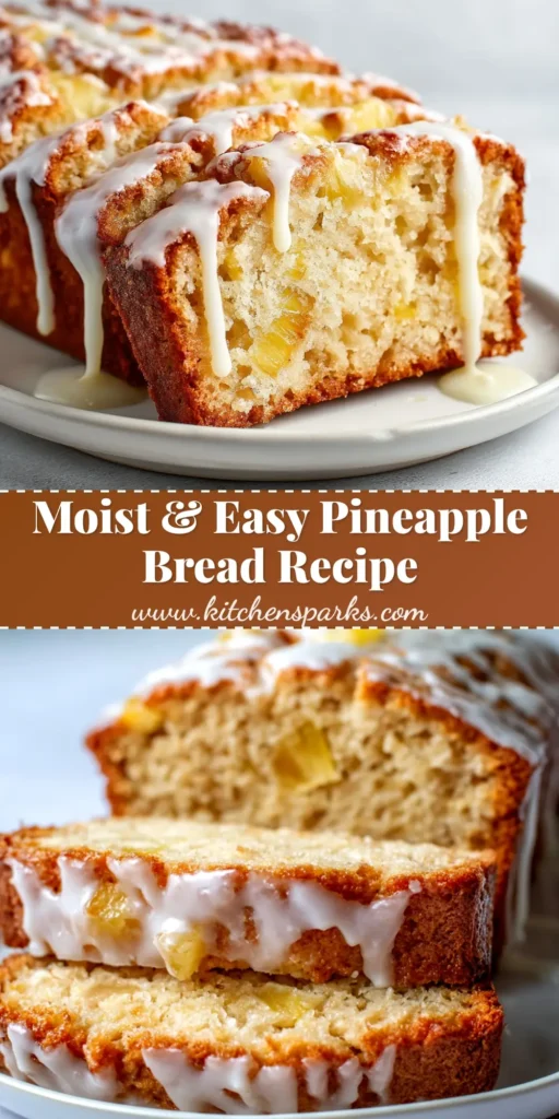A beautiful golden-brown loaf of moist pineapple bread on a wooden board, with a single slice cut to show the tender texture inside. Perfect for Pinterest.