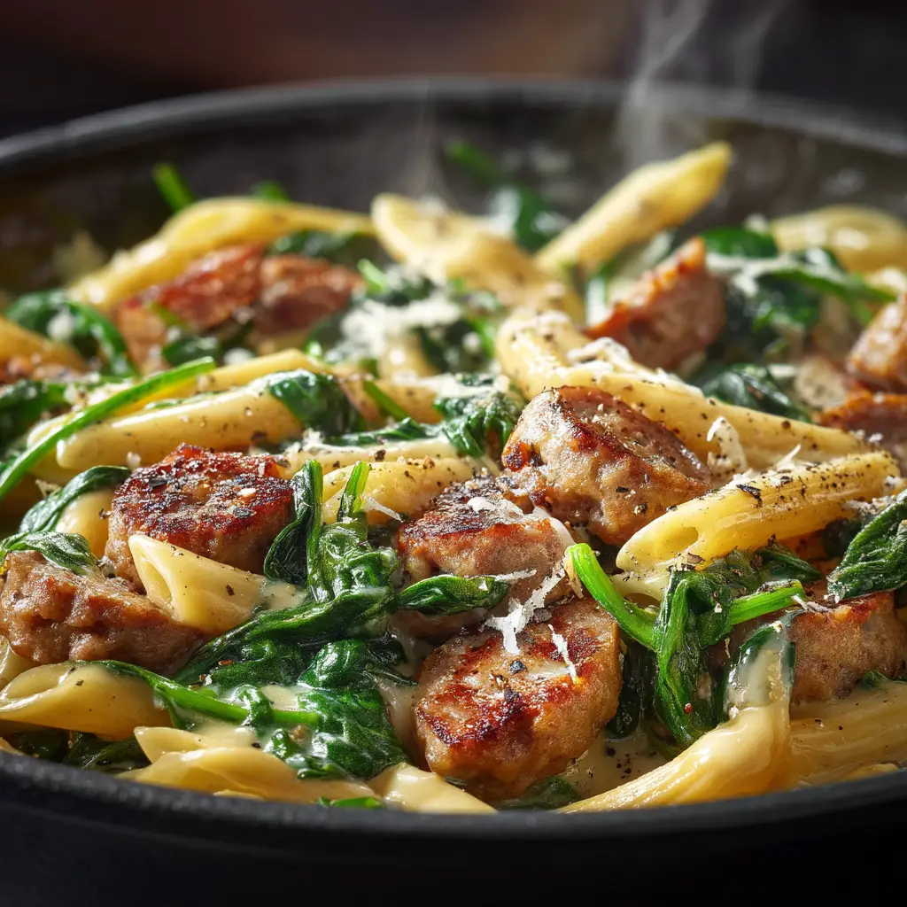 A spoonful of One-Pan Creamy Sausage Penne being lifted from a skillet, with melted parmesan cheese stretching from the pasta.