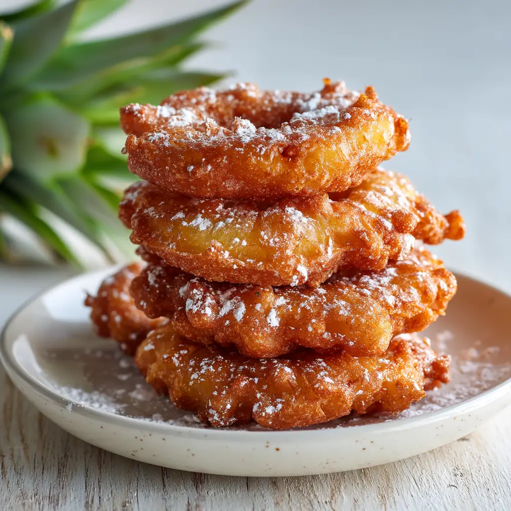 A plate of finished easy pineapple fritters, some dusted with powdered sugar and others with a side of caramel dipping sauce.