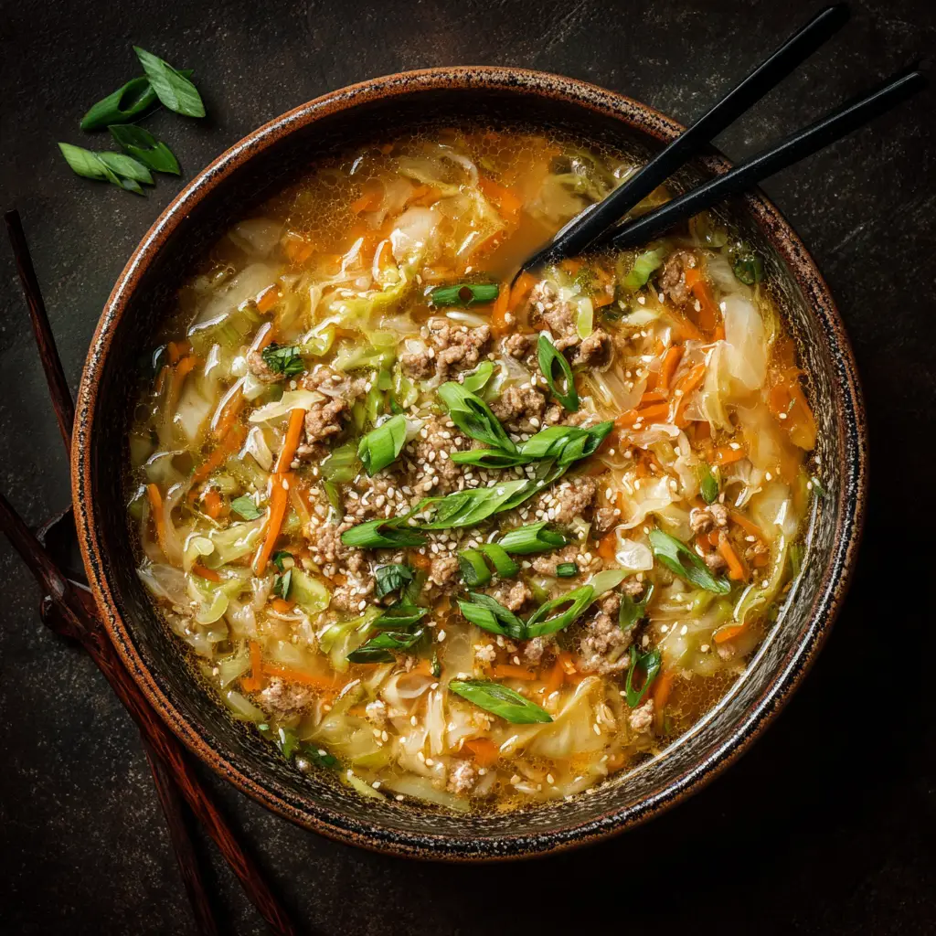 A close-up shot of the egg roll in a bowl soup, with a spoon lifting out a bite of the pork and vegetable mixture.