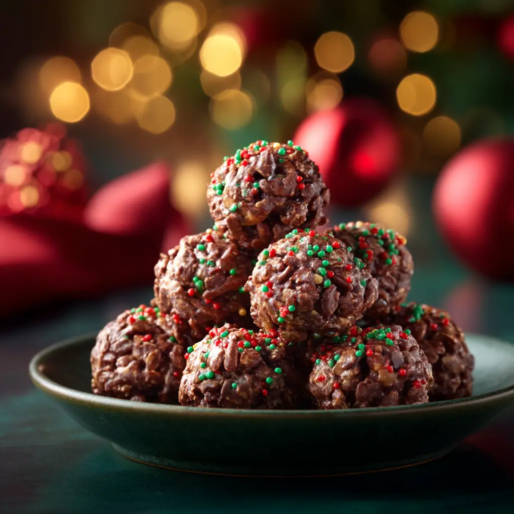 A collection of Christmas chocolate rice krispie balls arranged beautifully on a festive plate, ready to be served.
