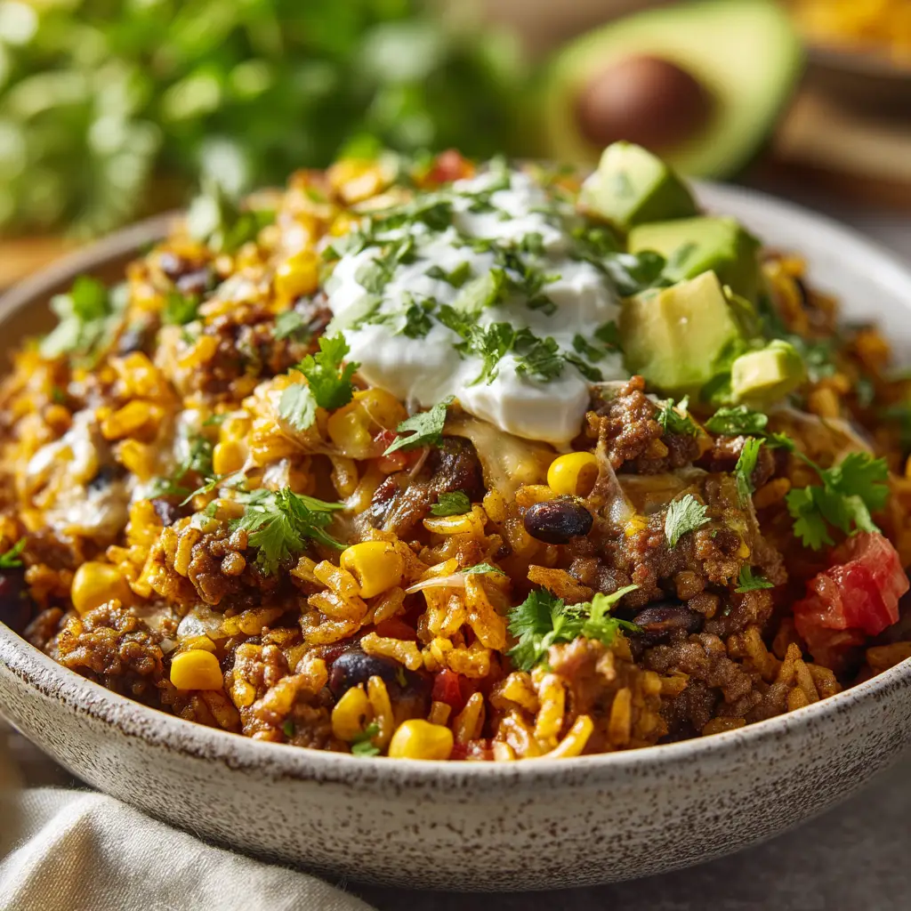 A fully assembled ground beef rice bowl with all the toppings, including lettuce, cheese, tomatoes, and a dollop of sour cream.