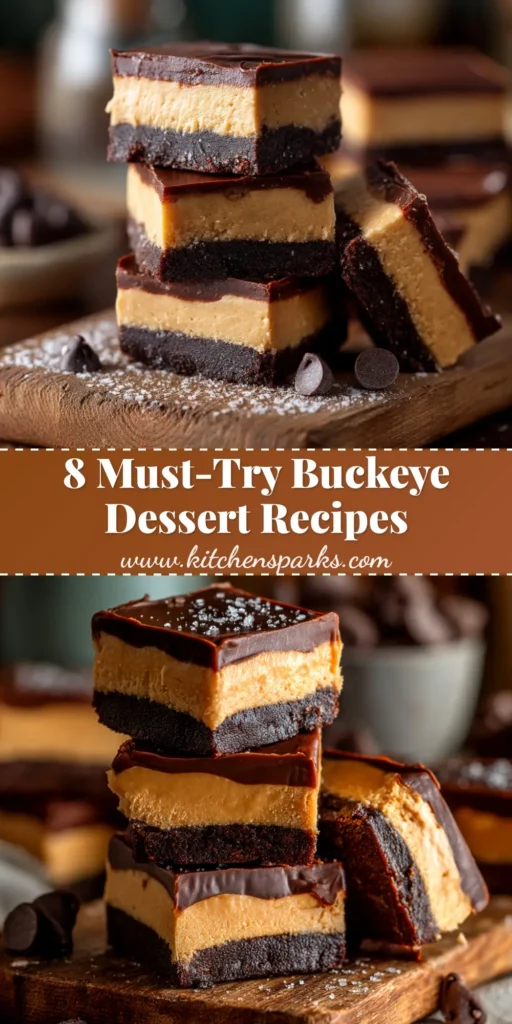 A sharable pin image for easy Buckeye Recipes, showing a close-up of the chocolate and peanut butter candies with text overlay.