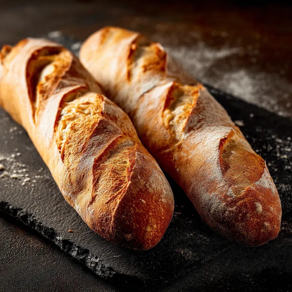 Two freshly baked baguettes resting on a cooling rack, showcasing the final result of the French baguette recipe.
