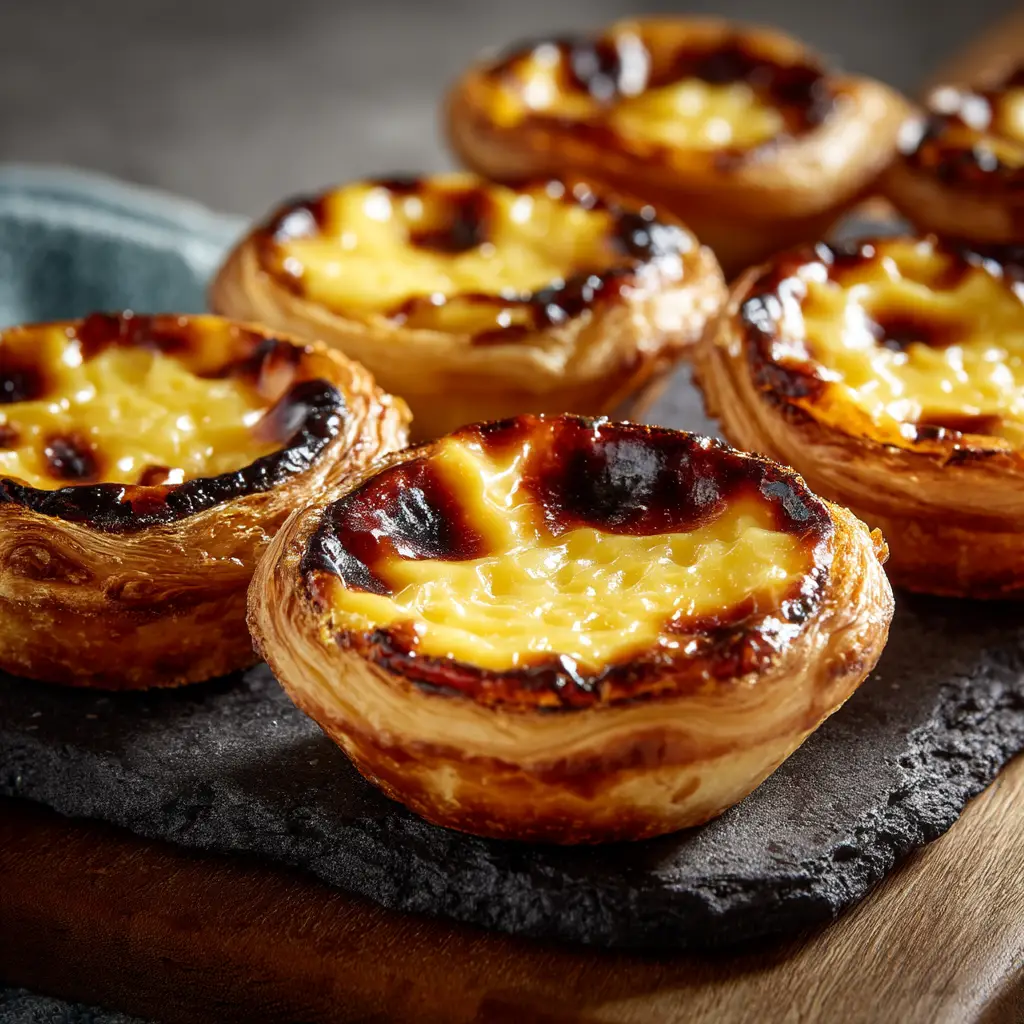 A batch of freshly baked pastel de nata cooling on a wire rack, showing off their signature caramelized tops.