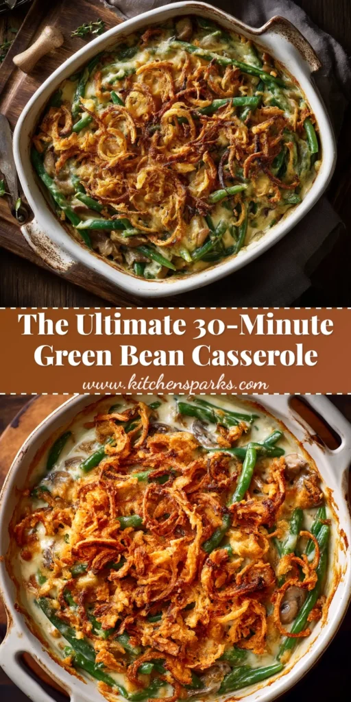 An overhead shot of a classic homemade Green Bean Casserole in a white baking dish, topped with crispy fried onions.