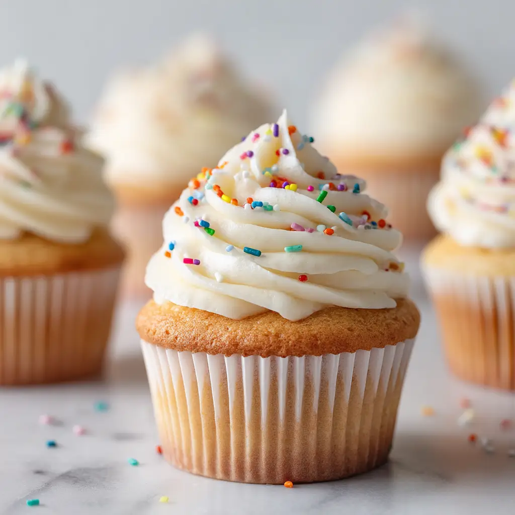 Several vanilla cupcakes from scratch being frosted with creamy vanilla buttercream.