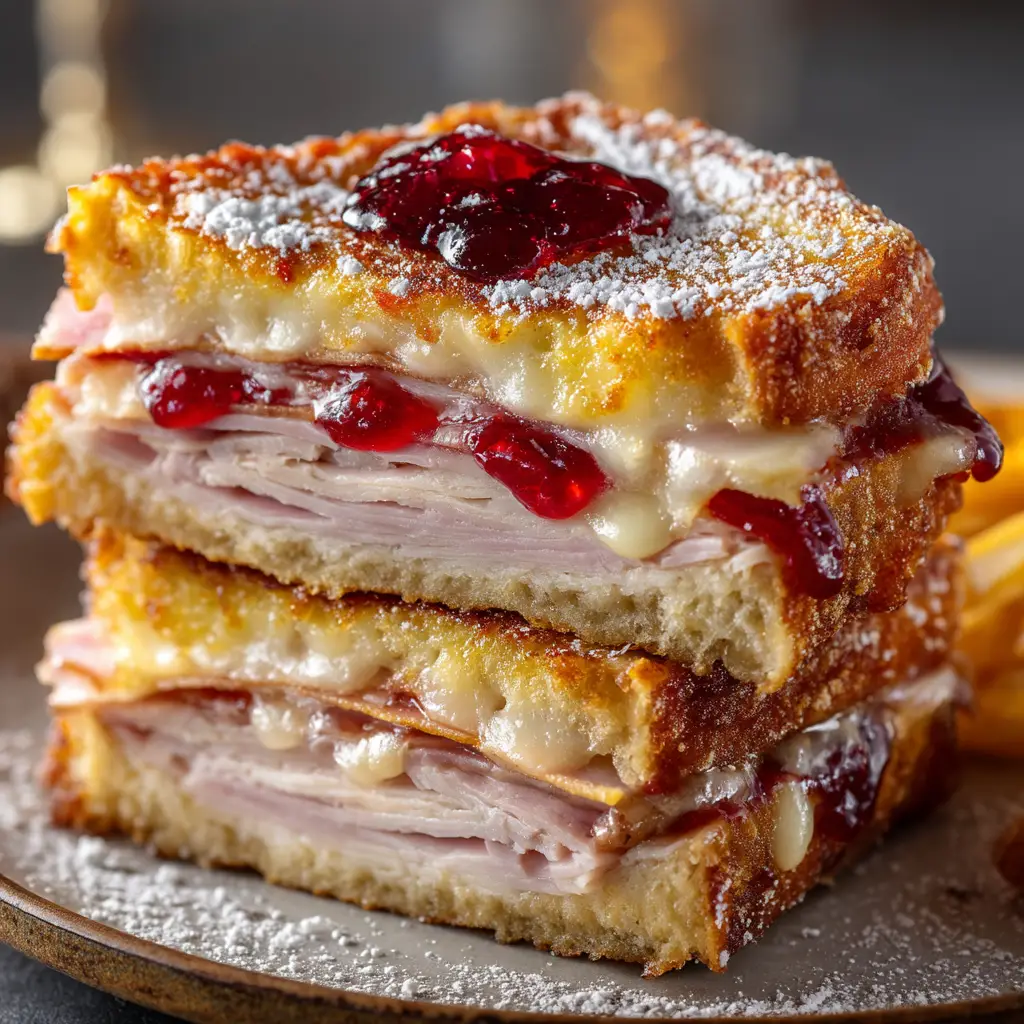 The battered Monte Cristo sandwich half being carefully lowered into hot oil to be deep-fried to a golden perfection.