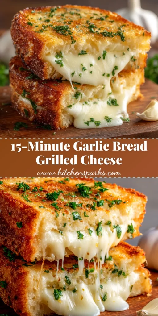 A delicious Garlic Bread Grilled Cheese sandwich cut in half to show a gooey cheese pull, served on a rustic plate.