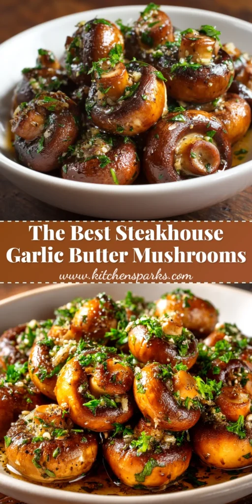 A skillet of delicious Garlic Butter Mushrooms, garnished with fresh parsley. The perfect easy side dish recipe.