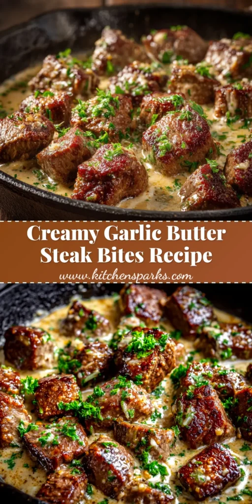 A top-down view of garlic butter steak bites in a cast iron skillet, garnished with fresh parsley. A fork is resting in the skillet, ready to serve.