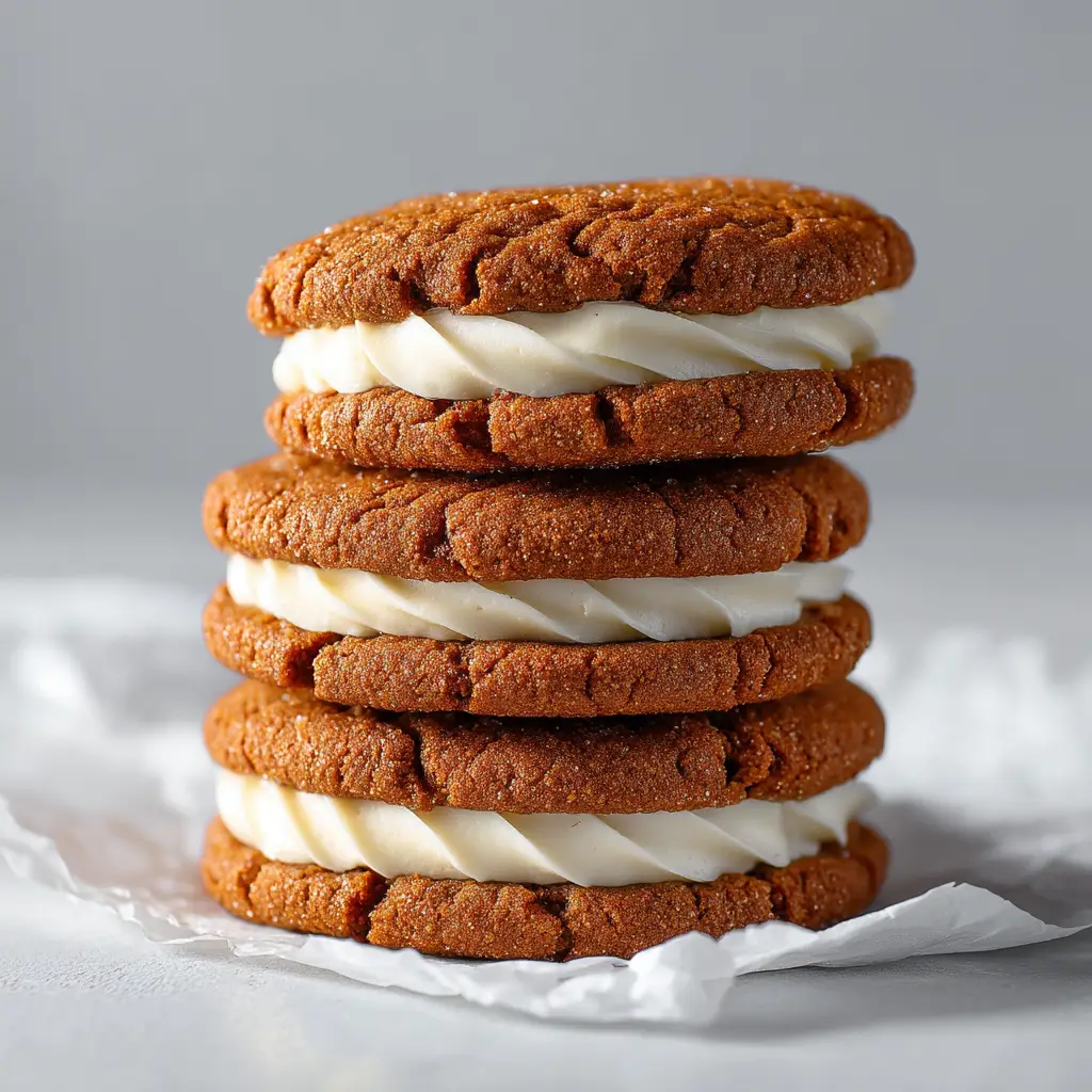An overhead view of several ginger molasses sandwich cookies arranged on a piece of parchment paper, highlighting their sparkly sugar-coated tops.
