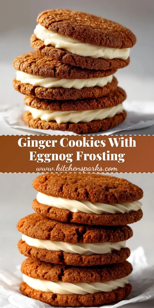 A close-up shot of several Ginger Molasses Sandwich Cookies stacked on a plate, showing the creamy filling and sparkly sugar coating.