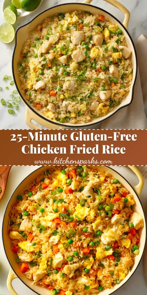 A large white bowl filled with delicious Gluten-Free Chicken Fried Rice, garnished with fresh green onions.