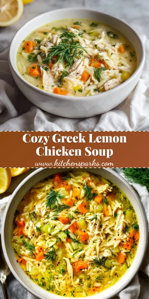 A bowl of creamy Greek Lemon Chicken Soup, also known as Avgolemono, garnished with fresh dill. A lemon wedge sits on the side of the bowl.