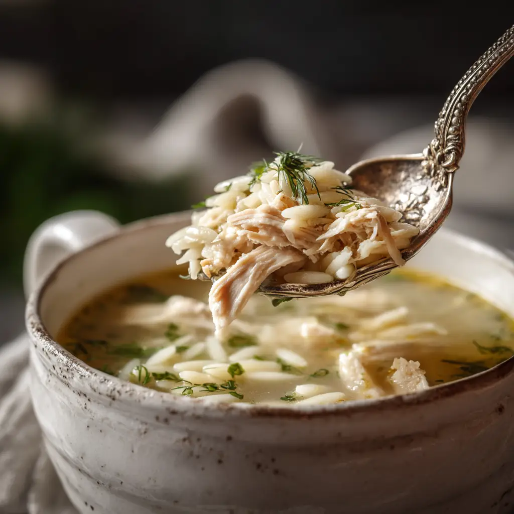 The simple, fresh ingredients for Greek Lemon Chicken Soup laid out, including chicken breast, lemons, eggs, and orzo.