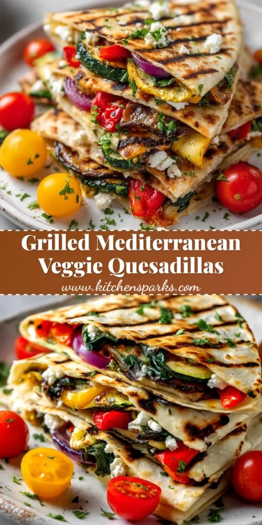 A close-up shot of perfectly Grilled Mediterranean Veggie Quesadillas sliced and stacked, revealing colorful vegetables and melted cheese.