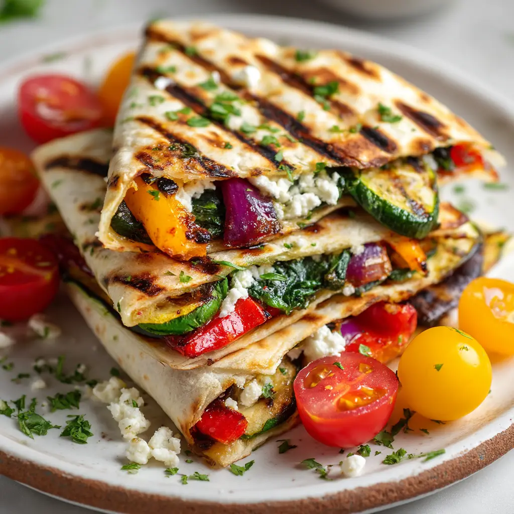 A grilled vegetable quesadilla on a plate, garnished with fresh parsley and served with a side of tzatziki sauce.