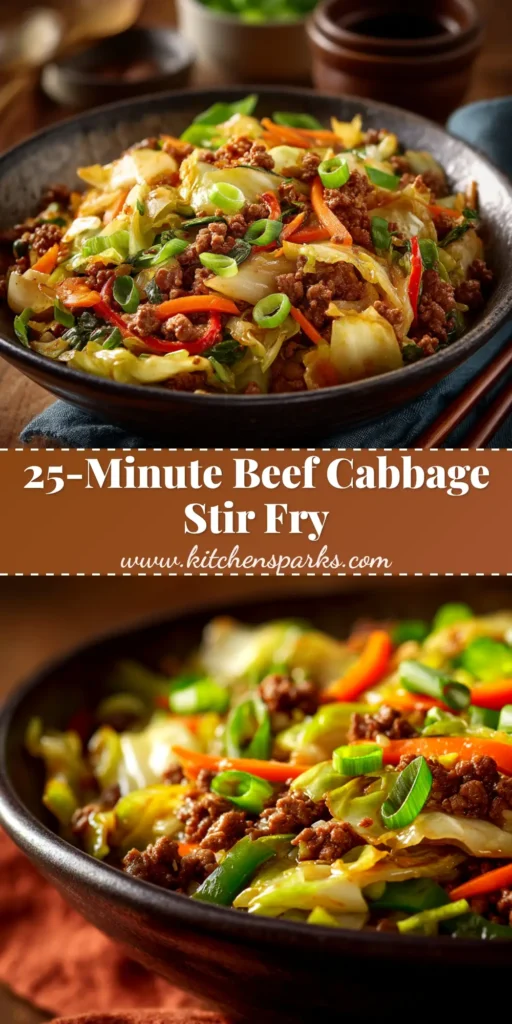 A top-down view of a skillet filled with ground beef and cabbage stir fry, garnished with fresh green onions. This easy, 20-minute recipe is perfect for a healthy weeknight dinner.