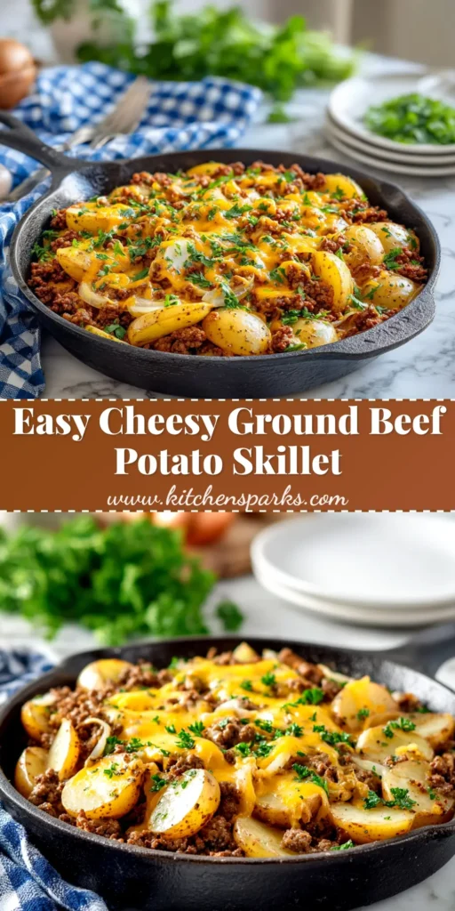 A close-up shot of a cast-iron skillet filled with ground beef and potatoes skillet, topped with melted cheddar cheese and fresh parsley.