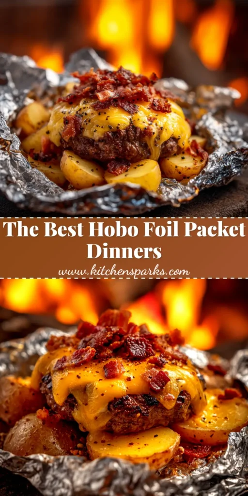 An overhead shot of four perfectly cooked hobo foil packets with ground beef, potatoes, and carrots. The image has a text overlay that reads 'Easy Hobo Foil Packets: The Ultimate Campfire Dinner!'