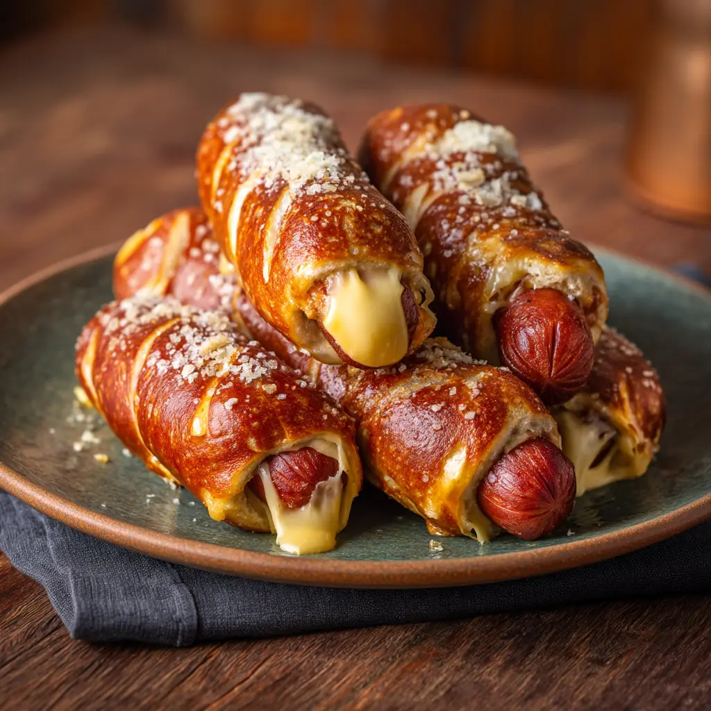 A platter of freshly baked homemade pretzel dogs, golden brown and sprinkled with coarse salt, ready for serving.