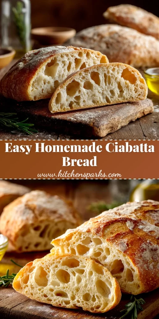 A beautiful loaf of homemade ciabatta bread, sliced to show its airy, open crumb, next to a small bowl of olive oil for dipping. The perfect recipe for crusty artisan bread.