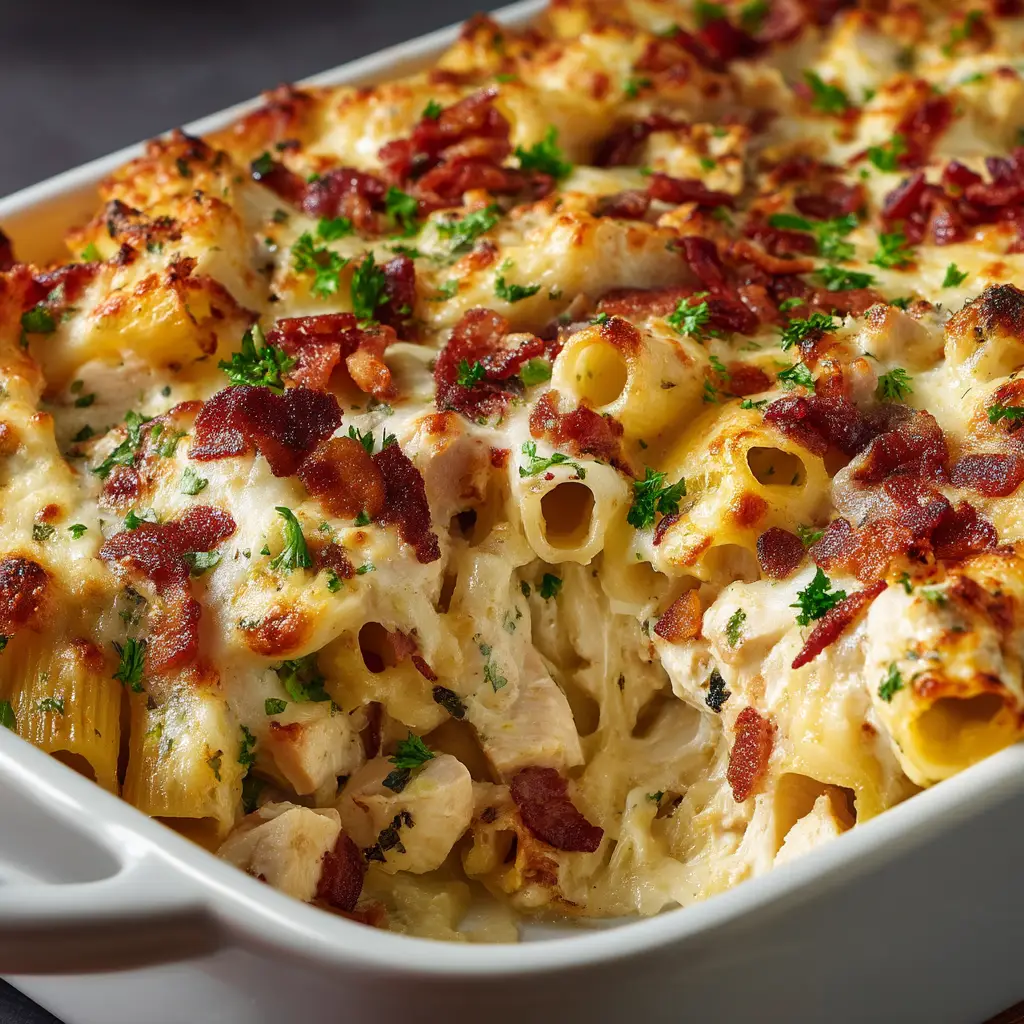 A scoop of homemade chicken casserole on a spatula, showing the creamy interior with chicken, peas, and pasta.
