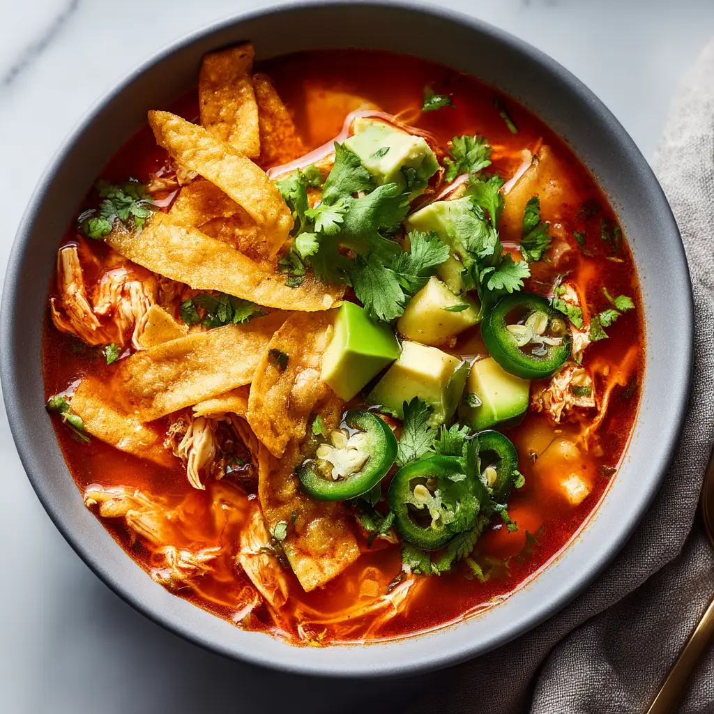 A bowl of homemade Mexican chicken soup ready to be served, garnished with fresh cilantro and avocado slices, showcasing an easy weeknight dinner idea.