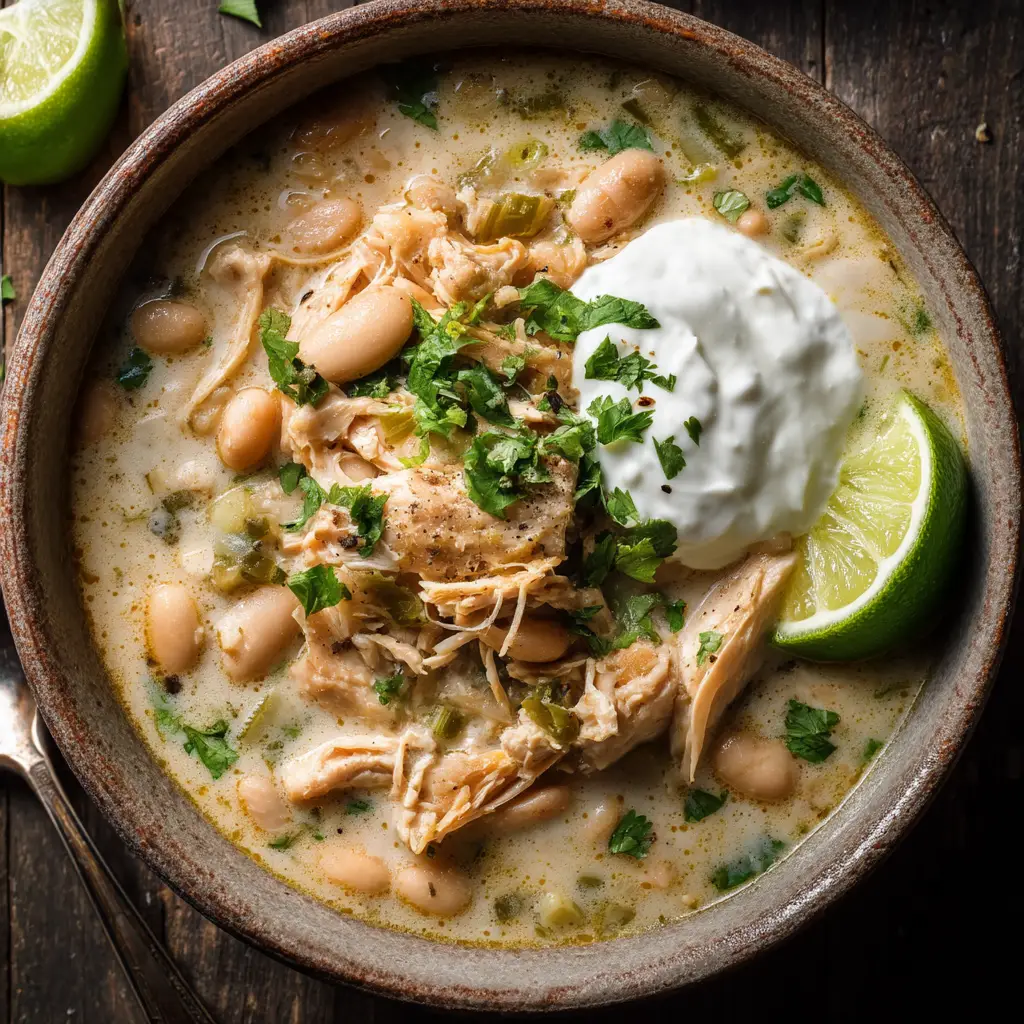 A bowl of homemade white chicken chili topped with fresh cilantro, demonstrating a key step in the recipe process.