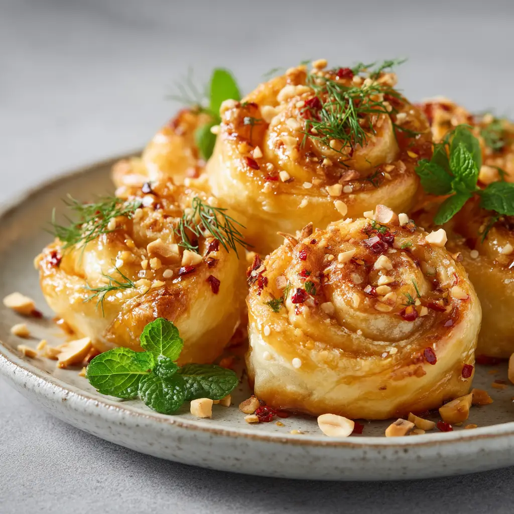 A tray of freshly baked hot honey feta rolls ready to be served, garnished with sesame seeds.