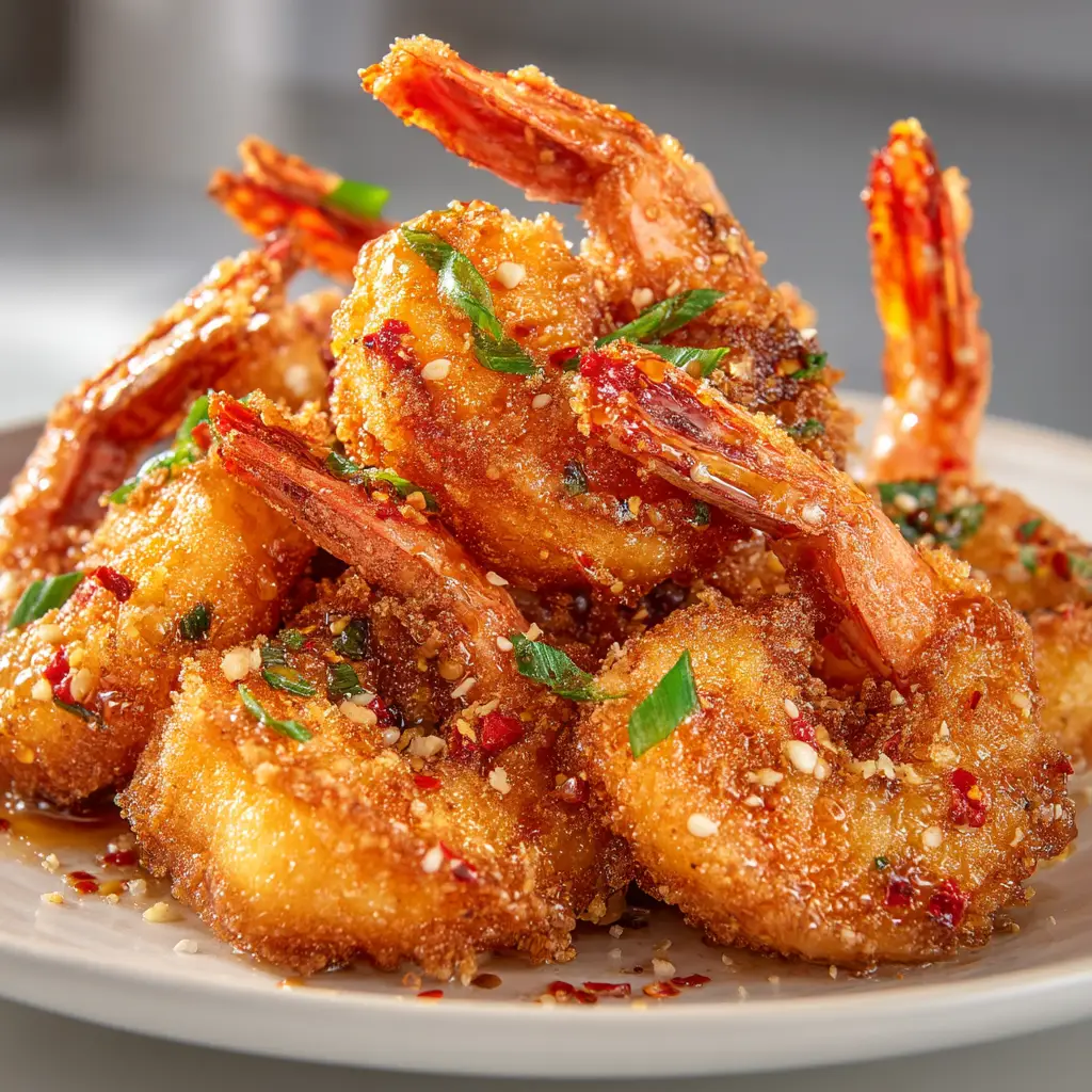 A platter of finished Hot Honey Fried Shrimp ready to be served, garnished with sesame seeds and next to a small bowl of dipping sauce.