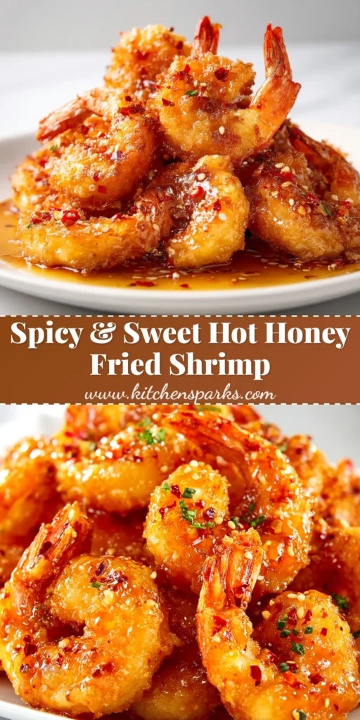 A heaping pile of crispy Hot Honey Fried Shrimp in a white bowl, glistening with sweet and spicy sauce and garnished with fresh green onions.